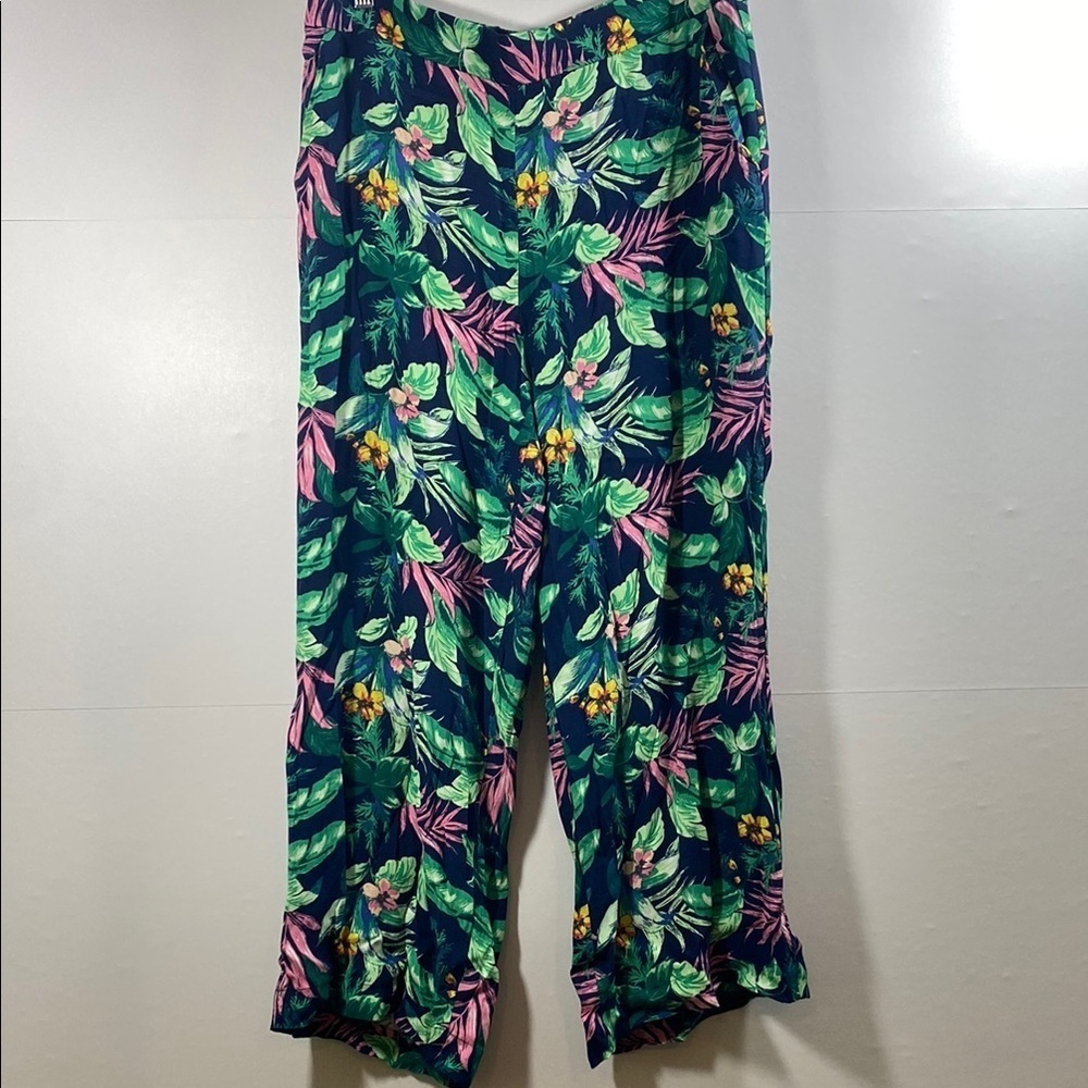 LOFT Tropical Print Wide Leg Pants - Green and Pink